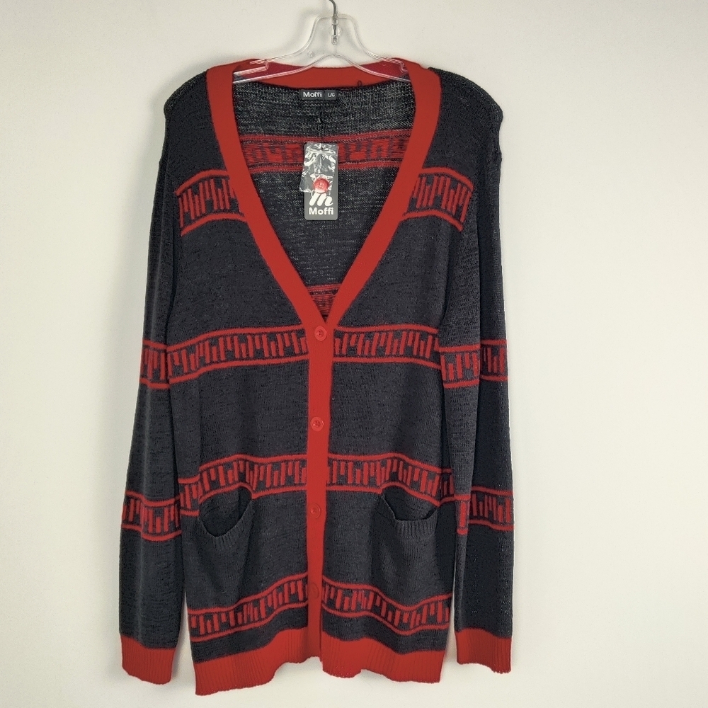 Moffi Textured Knit Cardigan with Graphic Accents - Size L NEW Black Red